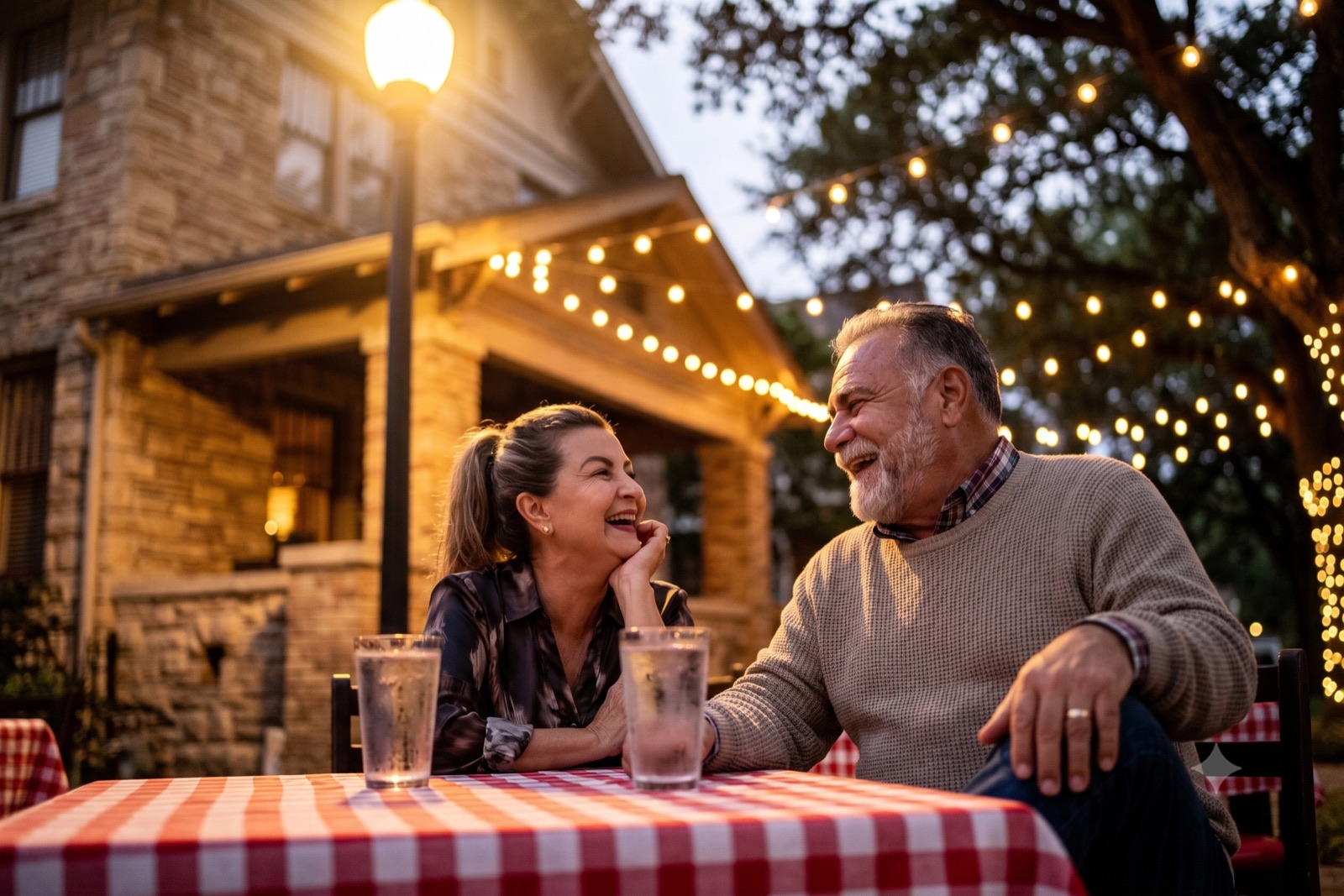 Houston anniversary date night with romantic warm city lights