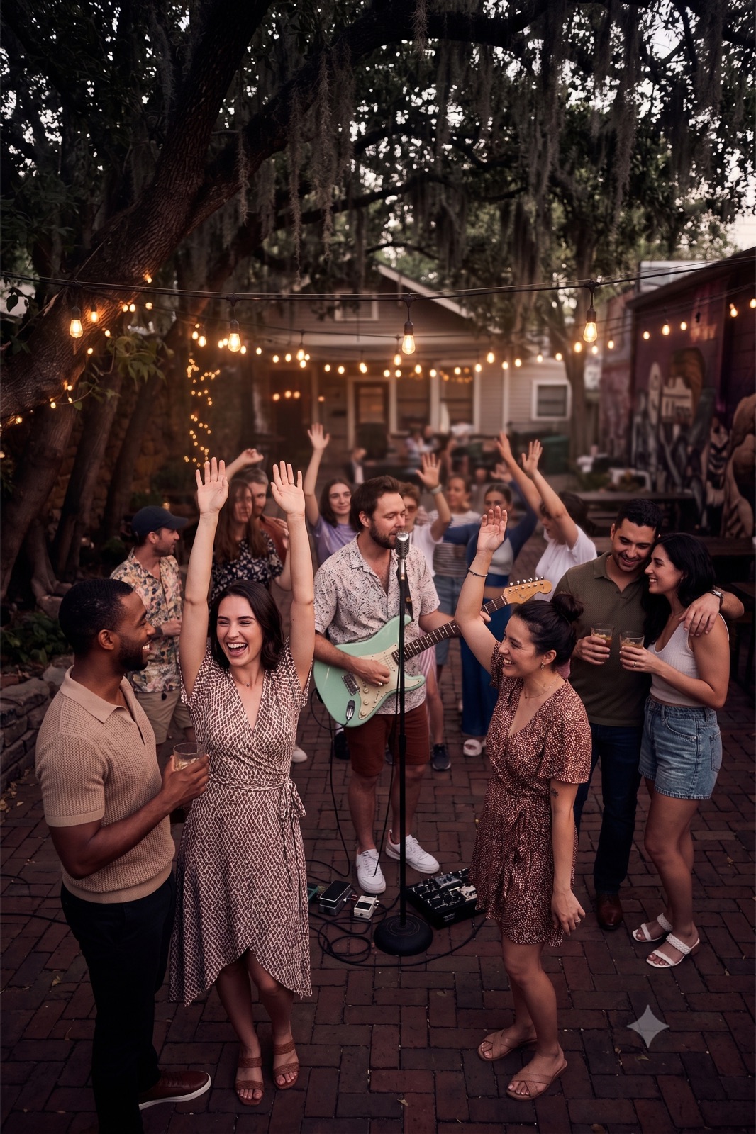 Live music date night Houston couple and warm venue lights