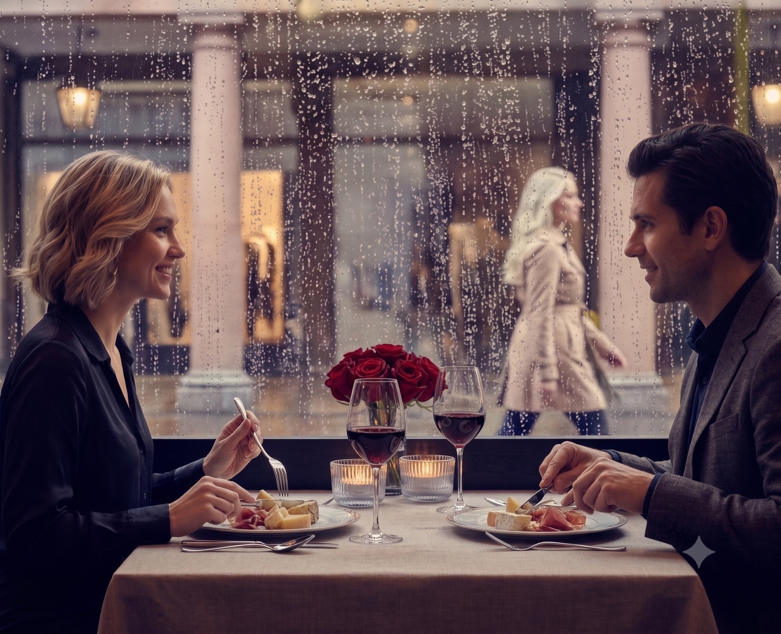 Indoor date ideas Houston couple inside a warm restaurant and gallery setting